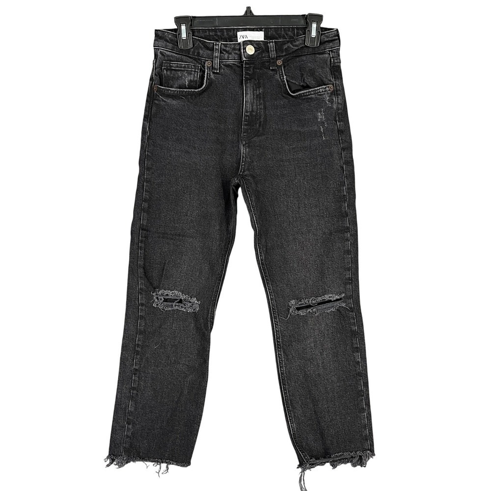 Zara High Rise Straight Ankle Jeans 6 Distressed Raw Hem Streetwear Utility Core